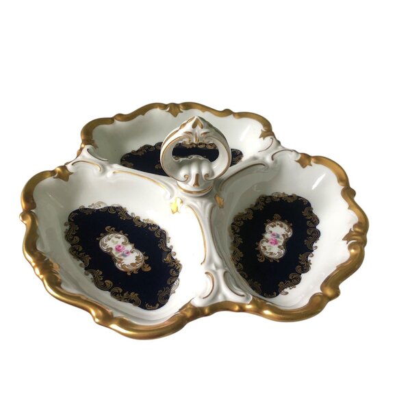 REICHENBACH ECHT KOBALT Cobalt Porcelain Central Handle 3-Section Gilded Dish - Picture 1 of 5